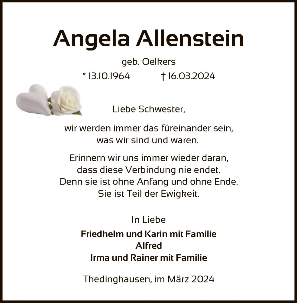  Traueranzeige für Angela Allenstein vom 23.03.2024 aus SYK