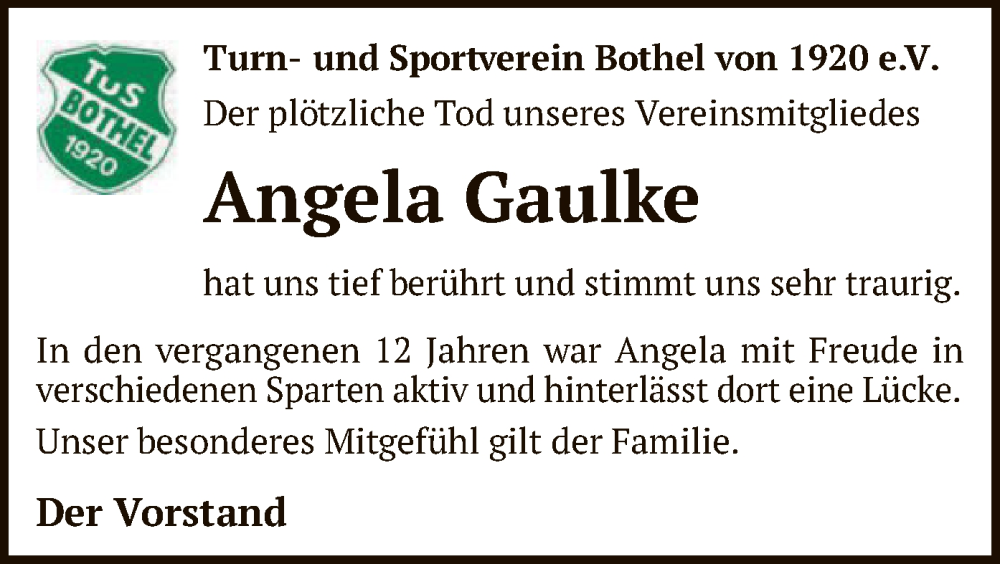  Traueranzeige für Angela Gaulke vom 16.03.2024 aus SYK
