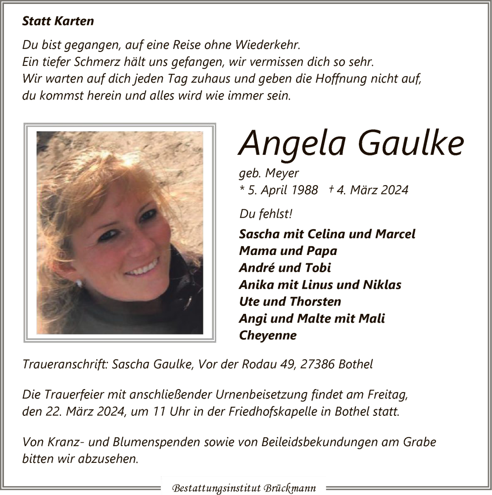  Traueranzeige für Angela Gaulke vom 12.03.2024 aus SYK