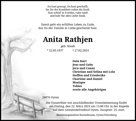 Traueranzeige von Anita Rathjen von SYK