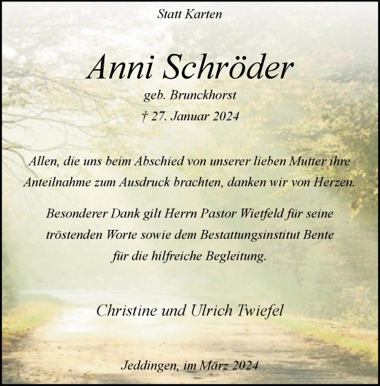 Traueranzeige von Anni Schröder von SYK