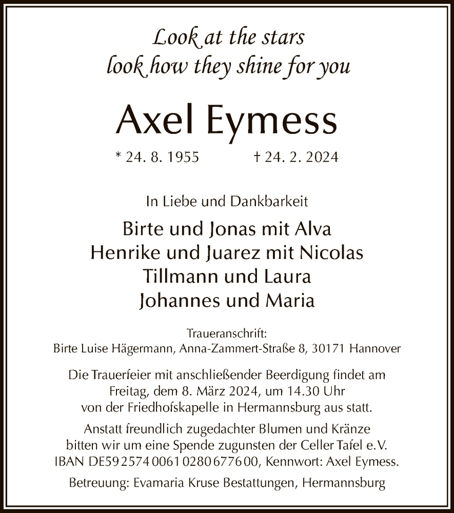  Traueranzeige für Axel Eymess vom 04.03.2024 aus SYK