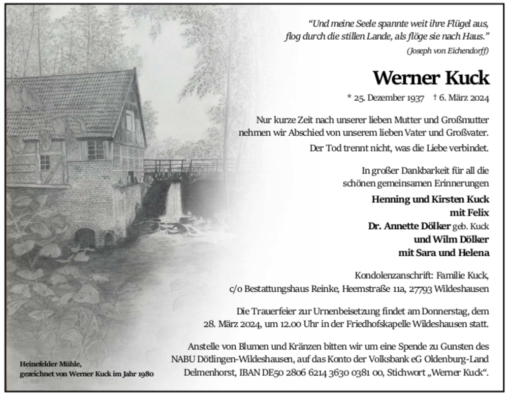  Traueranzeige für Werner Kuck vom 16.03.2024 aus SYK 