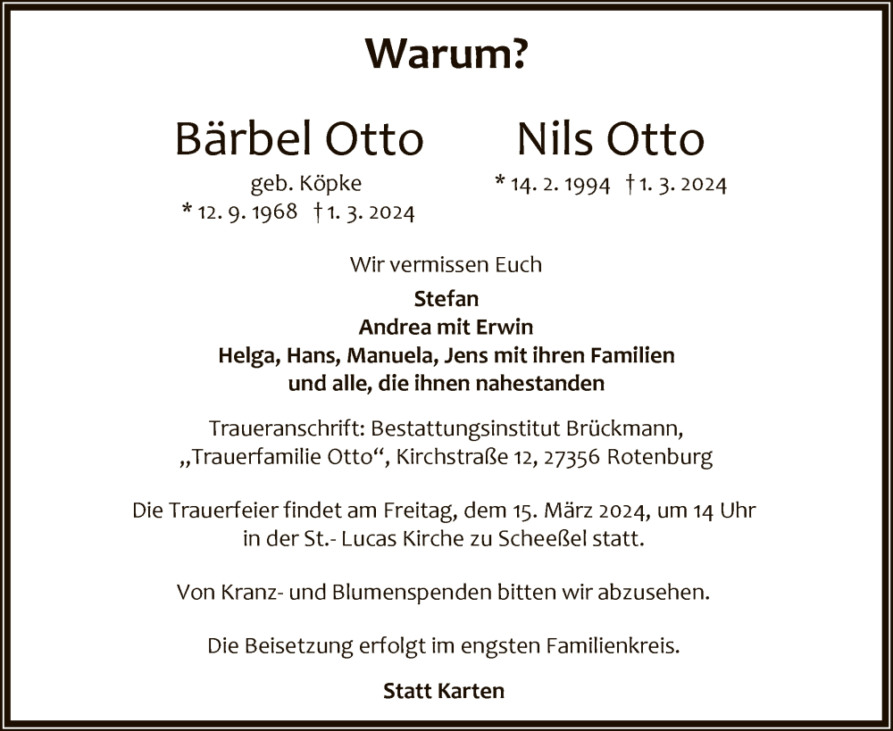  Traueranzeige für Bärbel und Nils Otto vom 09.03.2024 aus SYK