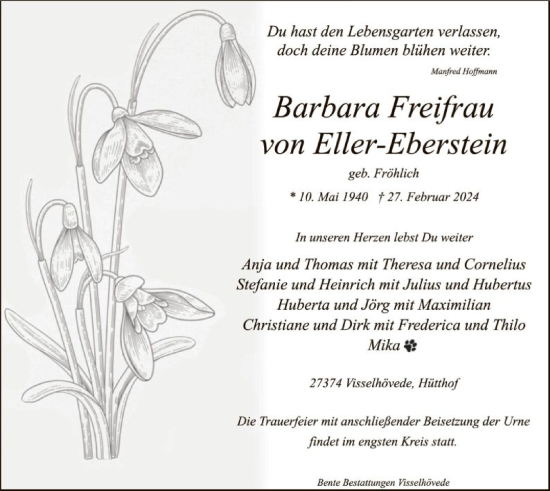 Traueranzeige von Barbara Freifrau von Eller-Eberstein von SYK