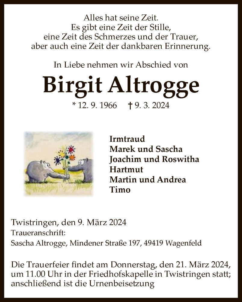  Traueranzeige für Birgit Altrogge vom 16.03.2024 aus SYK