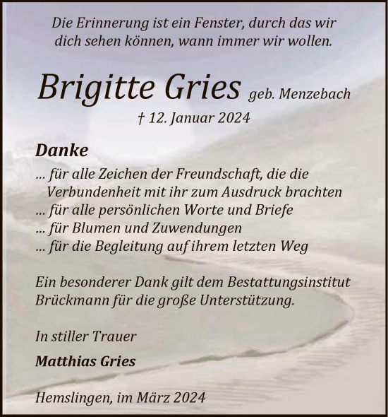 Traueranzeige von Brigitte Gries von SYK