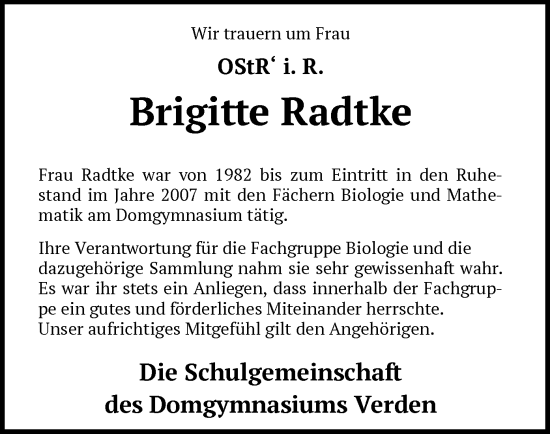 Traueranzeige von Brigitte Radtke von SYK