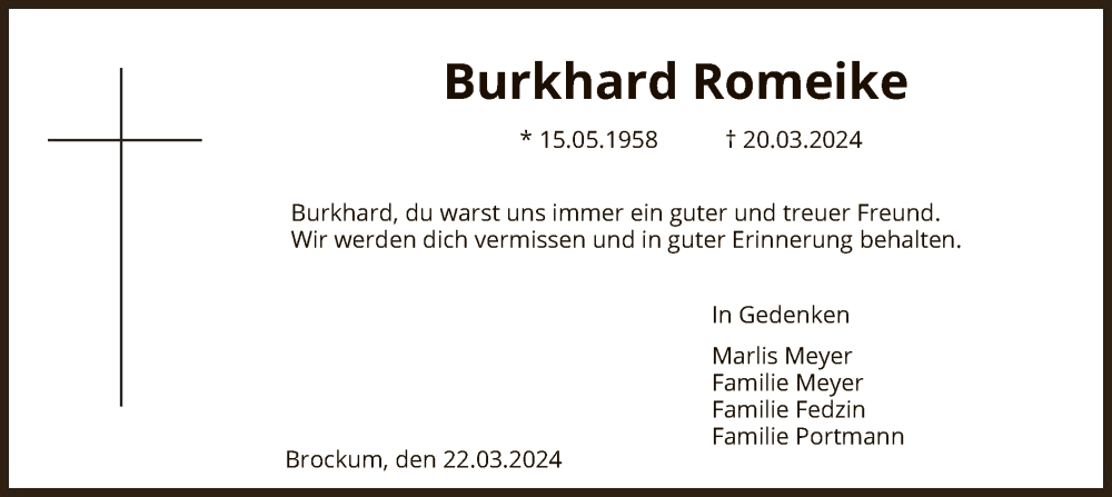 Traueranzeige für Burkhard Romeike vom 23.03.2024 aus SYK