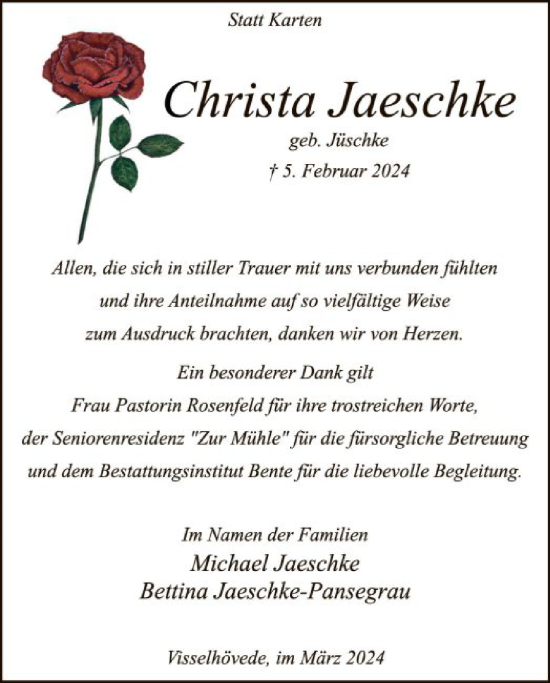 Traueranzeige von Christa Jaeschke von SYK