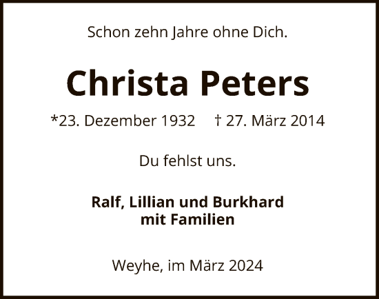 Traueranzeige von Christa Peters von SYK