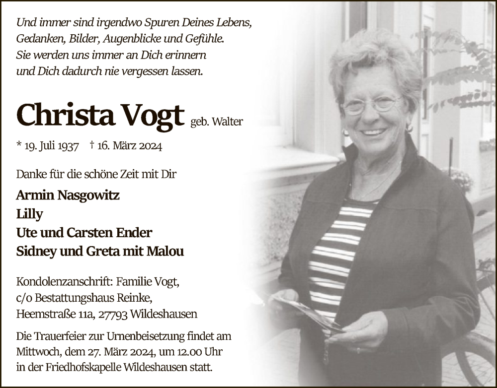  Traueranzeige für Christa Vogt vom 21.03.2024 aus SYK