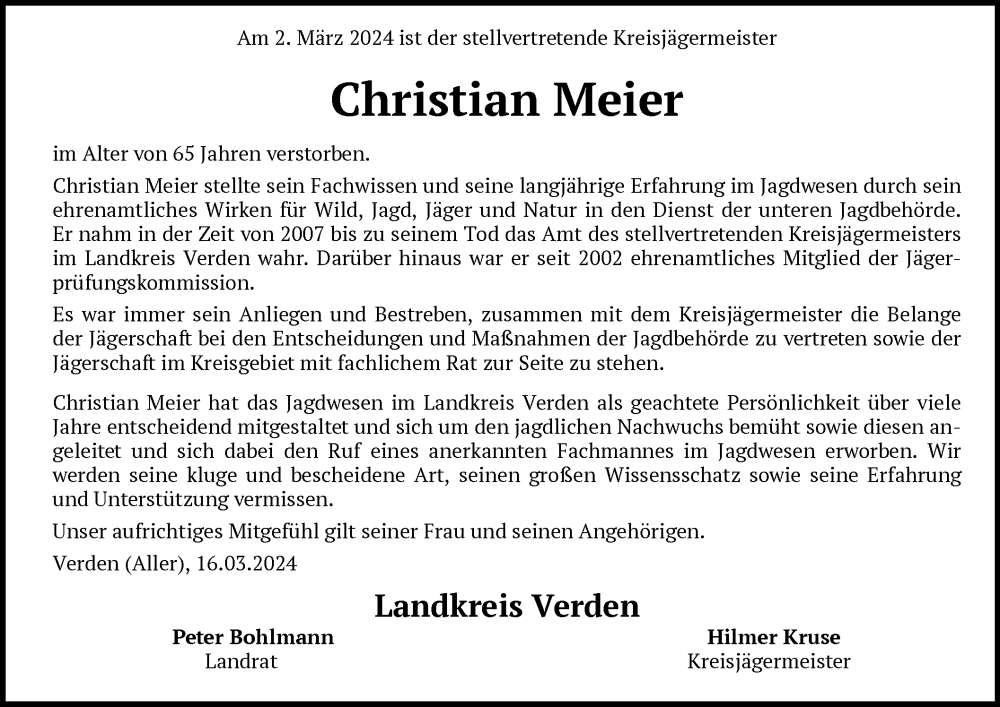  Traueranzeige für Christian Meier vom 16.03.2024 aus SYK