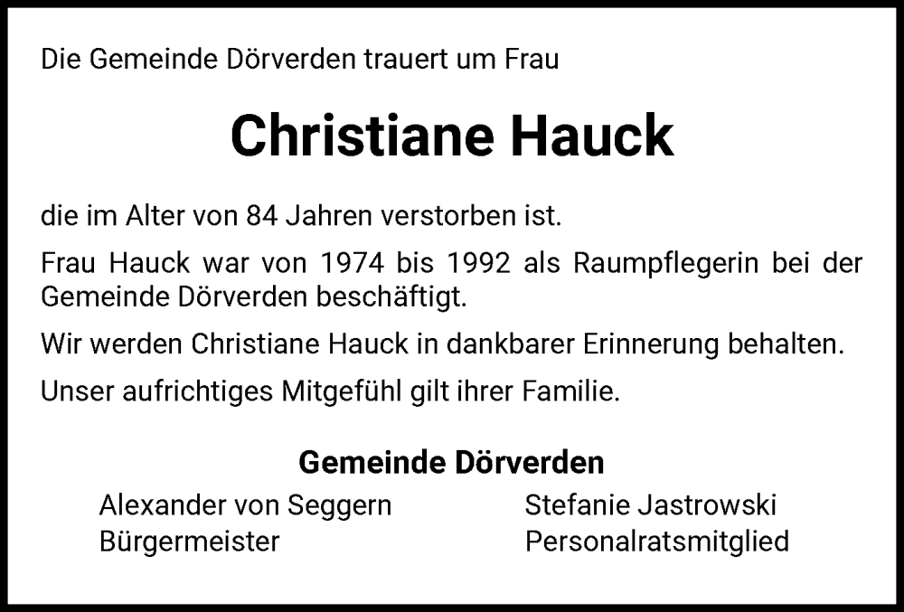  Traueranzeige für Christiane Hauck vom 30.03.2024 aus SYK