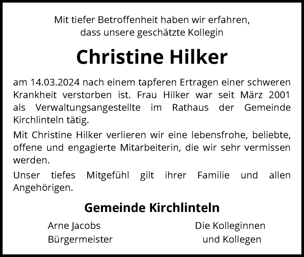  Traueranzeige für Christine Hilker vom 23.03.2024 aus SYK