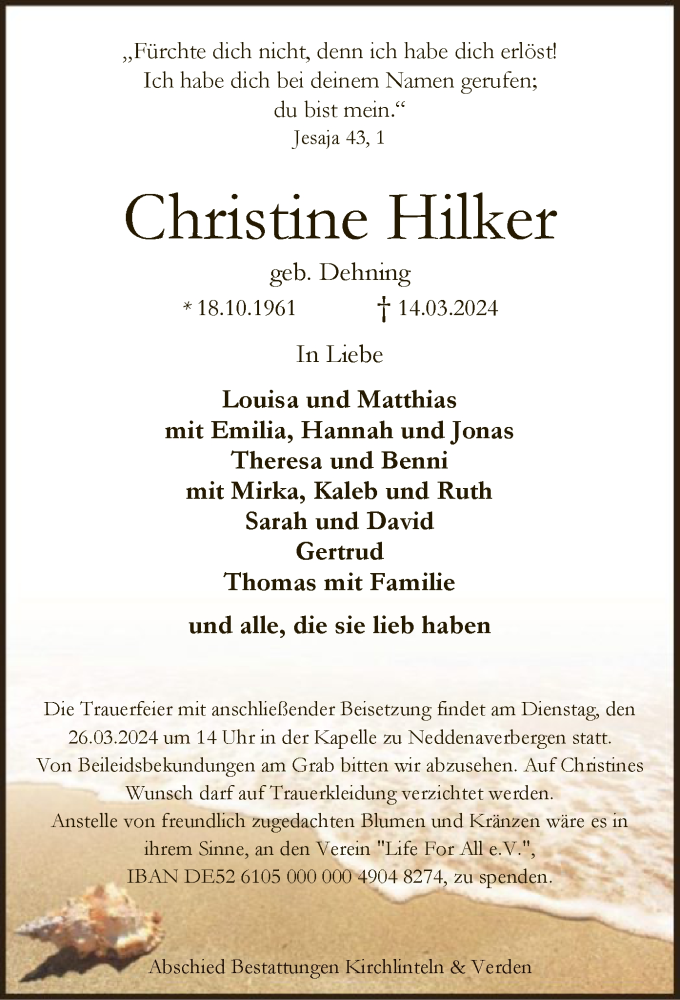  Traueranzeige für Christine Hilker vom 23.03.2024 aus SYK