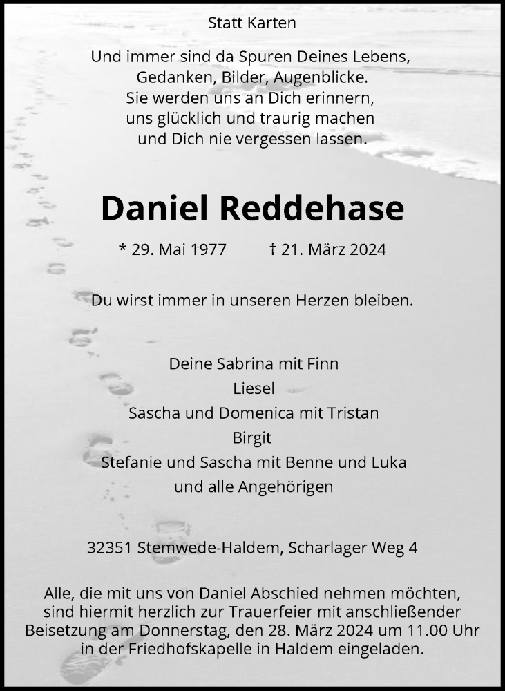  Traueranzeige für Daniel Reddehase vom 26.03.2024 aus SYK