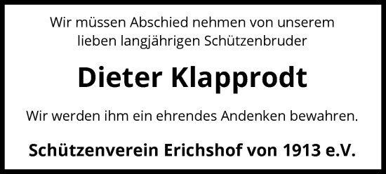 Traueranzeige von Dieter Klapprodt von SYK