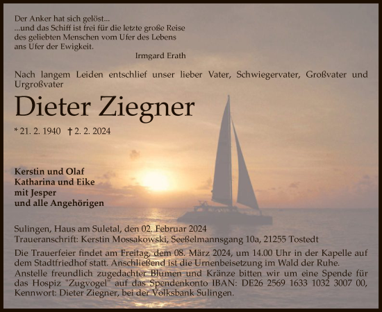 Traueranzeige von Dieter Ziegner von SYK