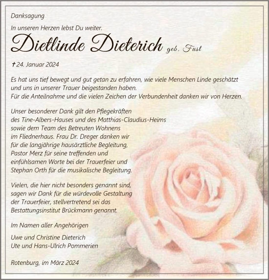 Traueranzeige von Dietlinde Dieterich von SYK