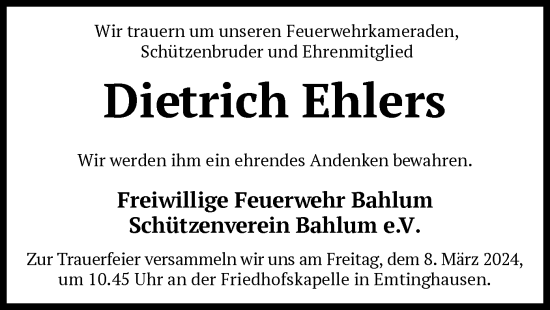 Traueranzeige von Dietrich Ehlers von SYK