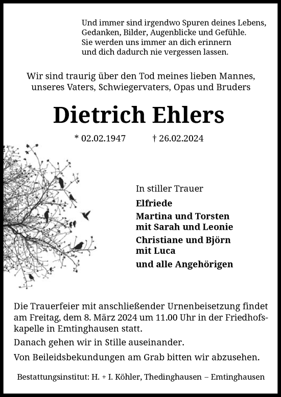 Traueranzeige von Dietrich Ehlers von SYKSYK