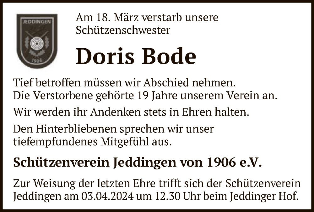  Traueranzeige für Doris Bode vom 30.03.2024 aus SYK