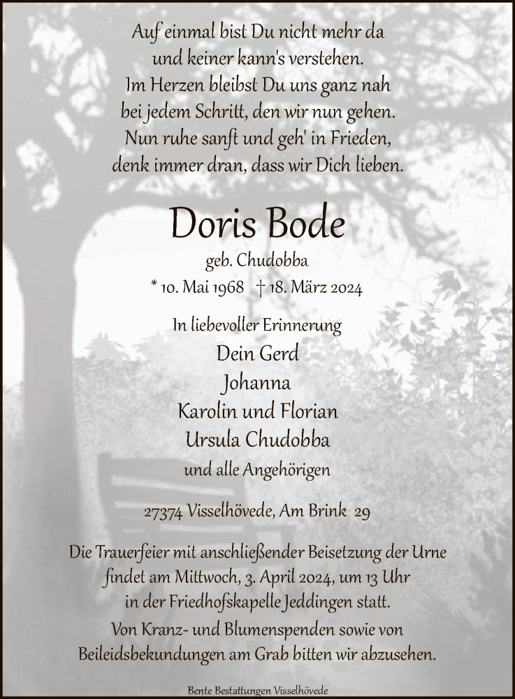  Traueranzeige für Doris Bode vom 30.03.2024 aus SYK