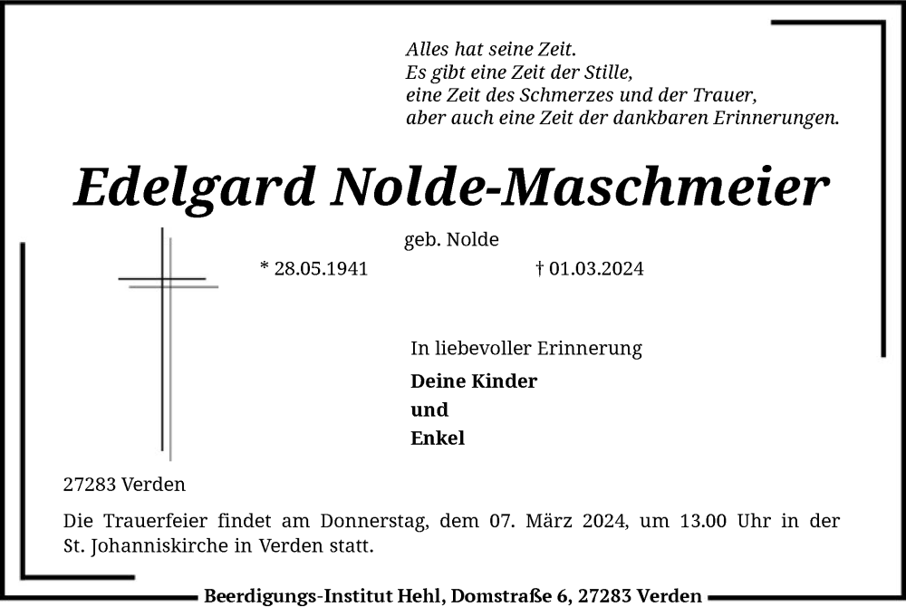  Traueranzeige für Edelgard Nolde-Maschmeier vom 05.03.2024 aus SYK