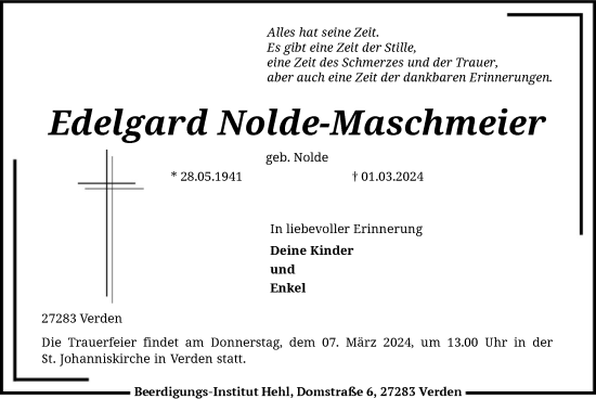 Traueranzeige von Edelgard Nolde-Maschmeier von SYK