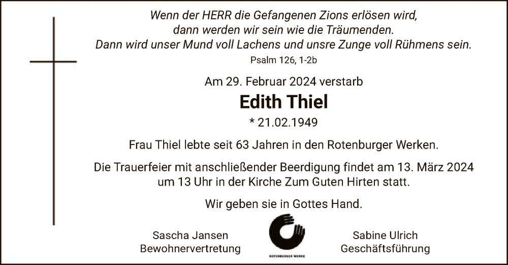  Traueranzeige für Edith Thiel vom 09.03.2024 aus SYK