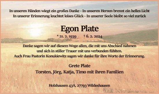 Traueranzeige von Egon Plate von SYK