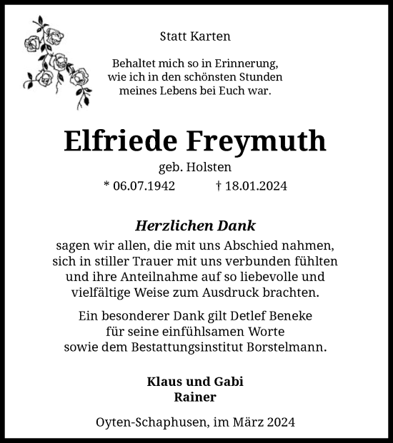Traueranzeige von Elfriede Freymuth von SYK