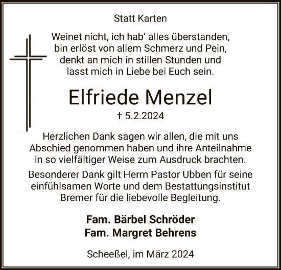 Traueranzeige von Elfriede Menzel von SYK
