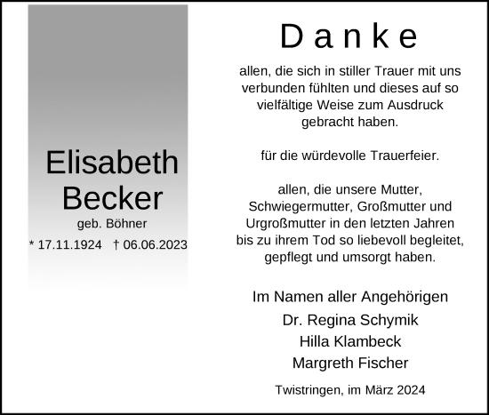 Traueranzeige von Elisabeth Becker von SYK