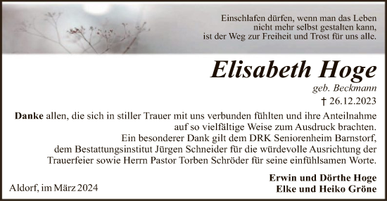 Traueranzeige von Elisabeth Hoge von SYK