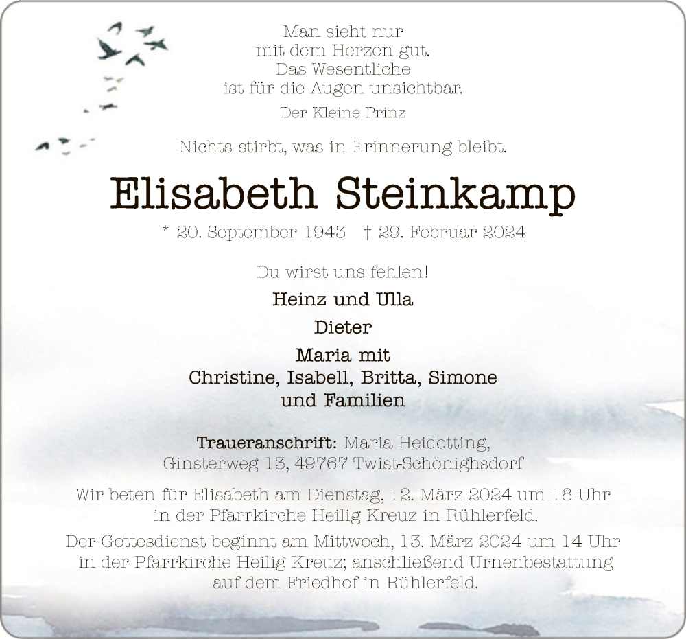  Traueranzeige für Elisabeth Steinkamp vom 09.03.2024 aus SYK