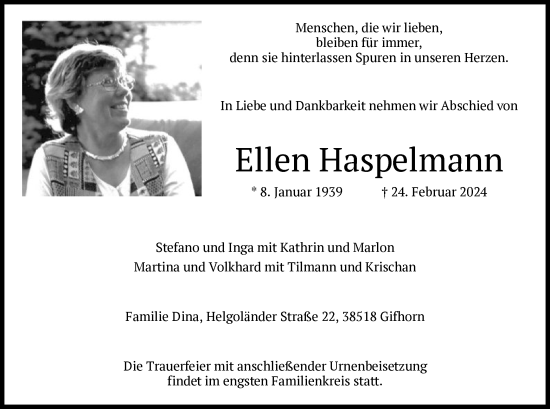 Traueranzeige von Ellen Haspelmann von SYK