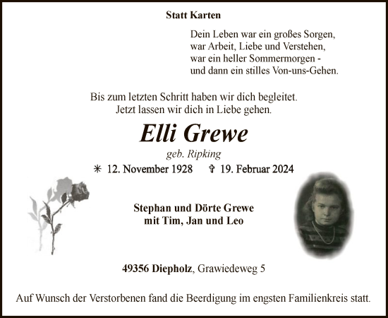 Traueranzeige von Elli Grewe von SYK