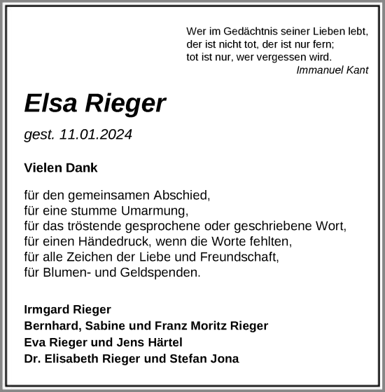 Traueranzeige von Elsa Rieger von SYK