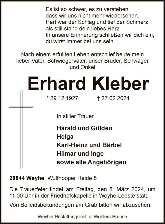 Traueranzeige von Erhard Kleber von SYK