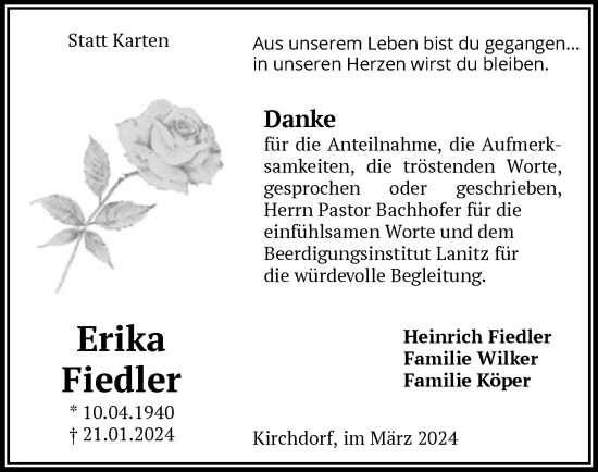 Traueranzeige von Erika Fiedler von SYK