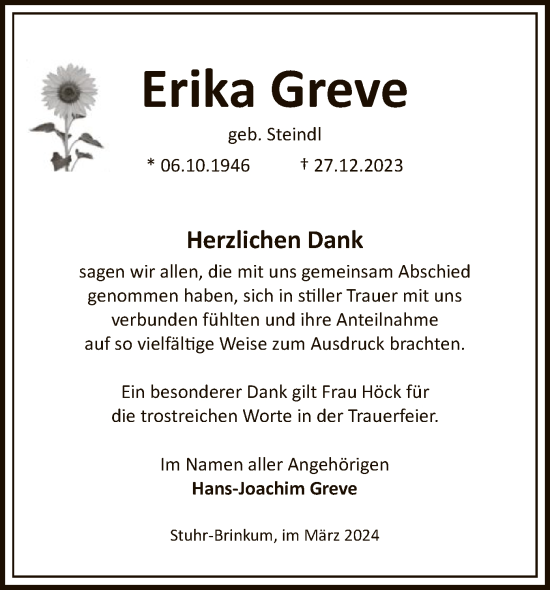 Traueranzeige von Erika Greve von SYK