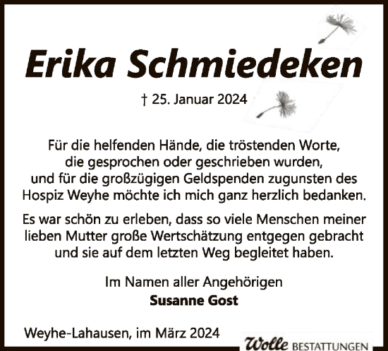 Traueranzeige von Erika Schmiedeken von SYK