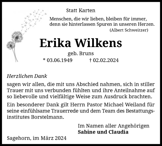 Traueranzeige von Erika Wilkens von SYK