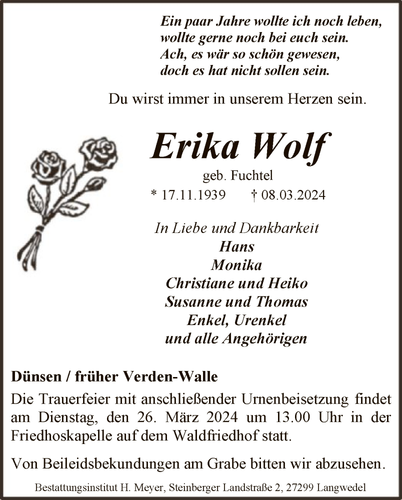  Traueranzeige für Erika Wolf vom 20.03.2024 aus SYK