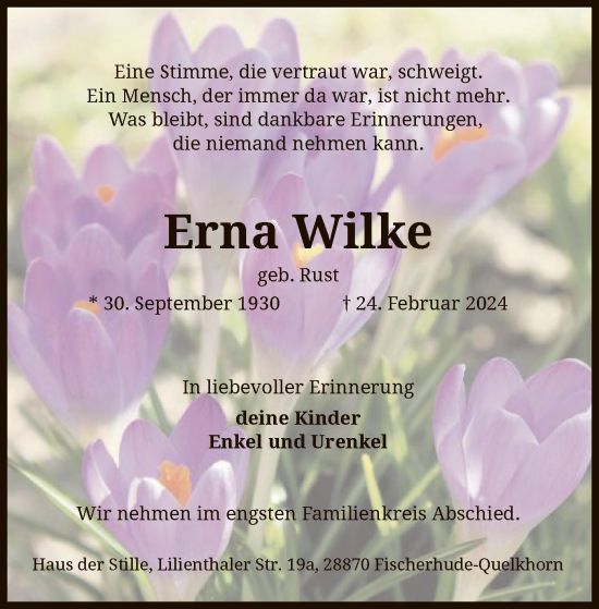 Traueranzeige von Erna Wilke von SYK