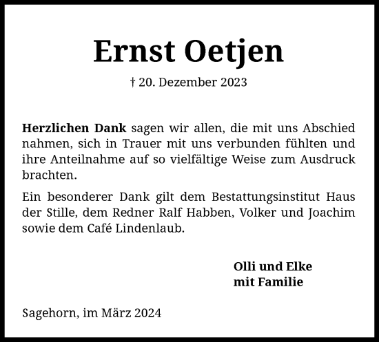 Traueranzeige von Ernst Oetjen von SYK