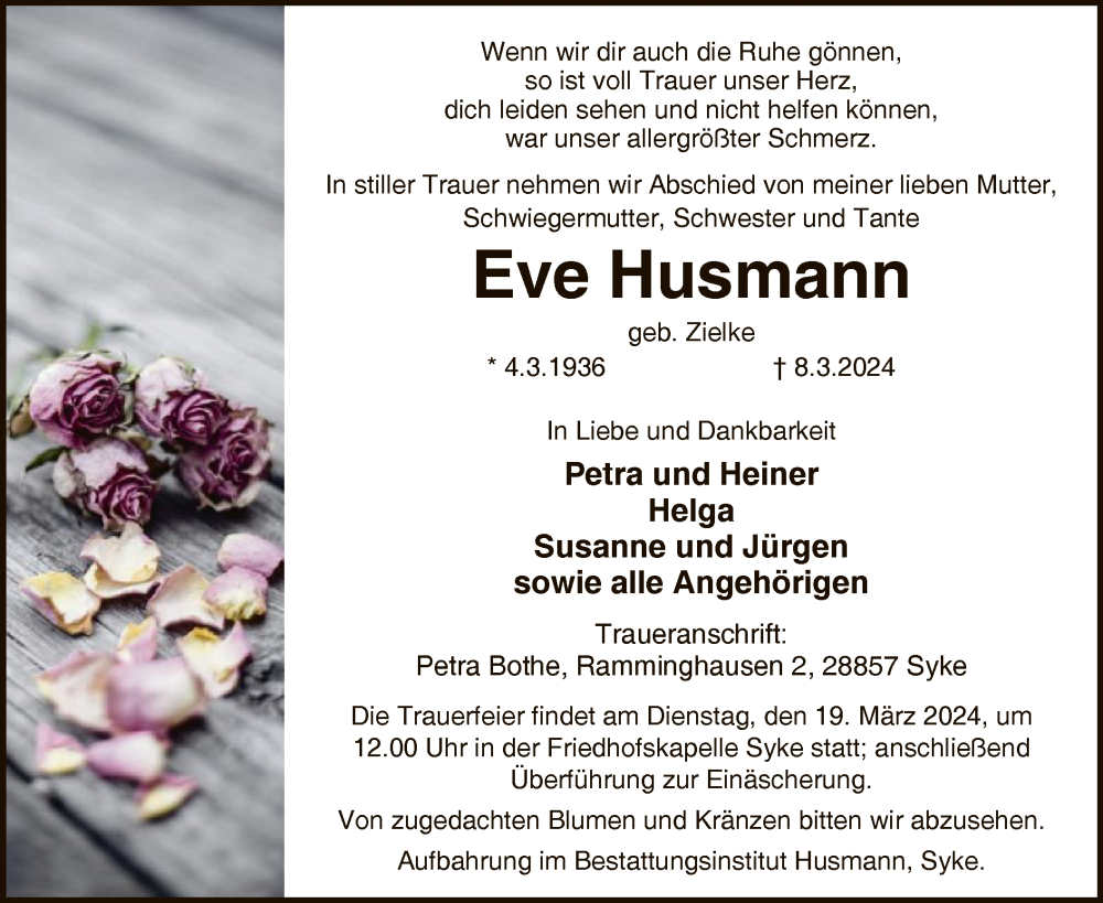  Traueranzeige für Eve Husmann vom 13.03.2024 aus SYK