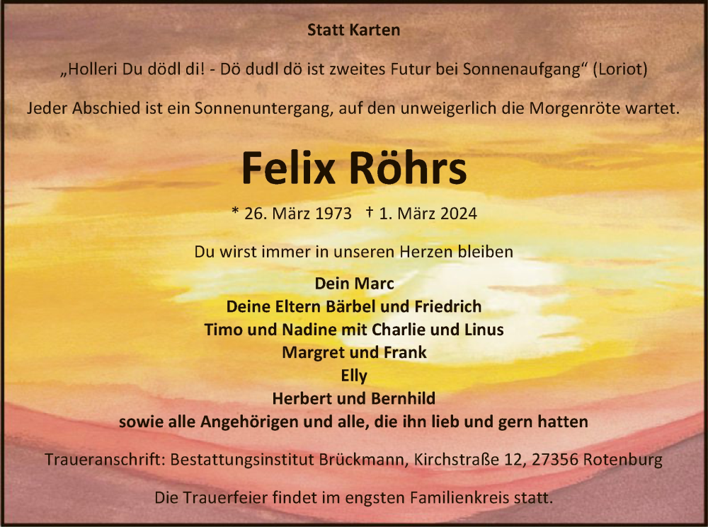  Traueranzeige für Felix Röhrs vom 09.03.2024 aus SYK
